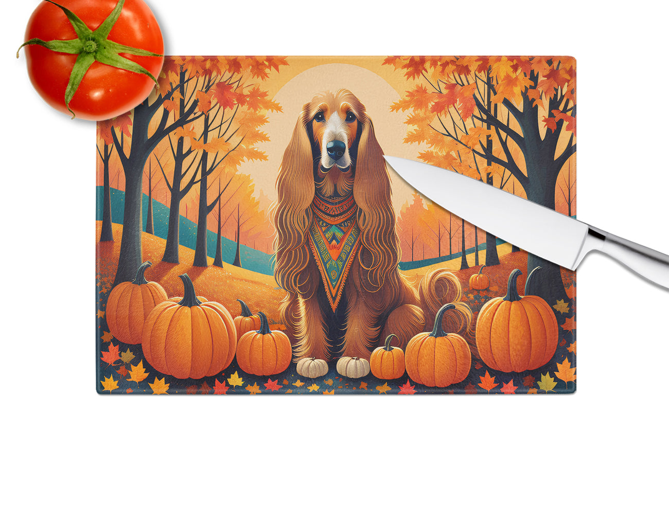 Afghan Hound Fall Cutting Board Tempered Glass Kitchen Cutting Surface, Heat Resistant Chopping, Non-Slip Feet, Food Prep & Serving