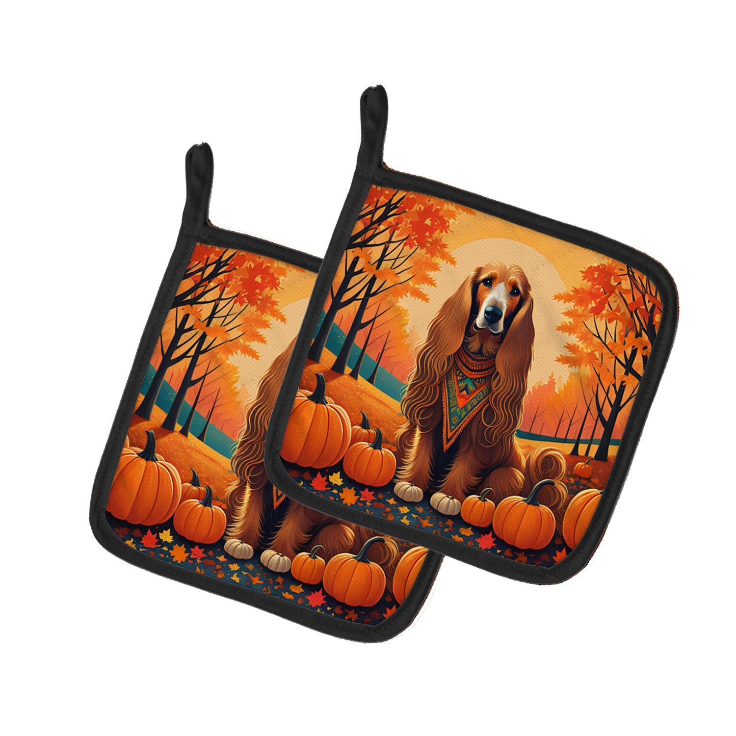 Afghan Hound Fall Pot Holder Set of 2 Heat Resistant Quilted Hot Pads 7.5 x 7.5 Inch, Insulated Kitchen Trivets for Cooking & Baking