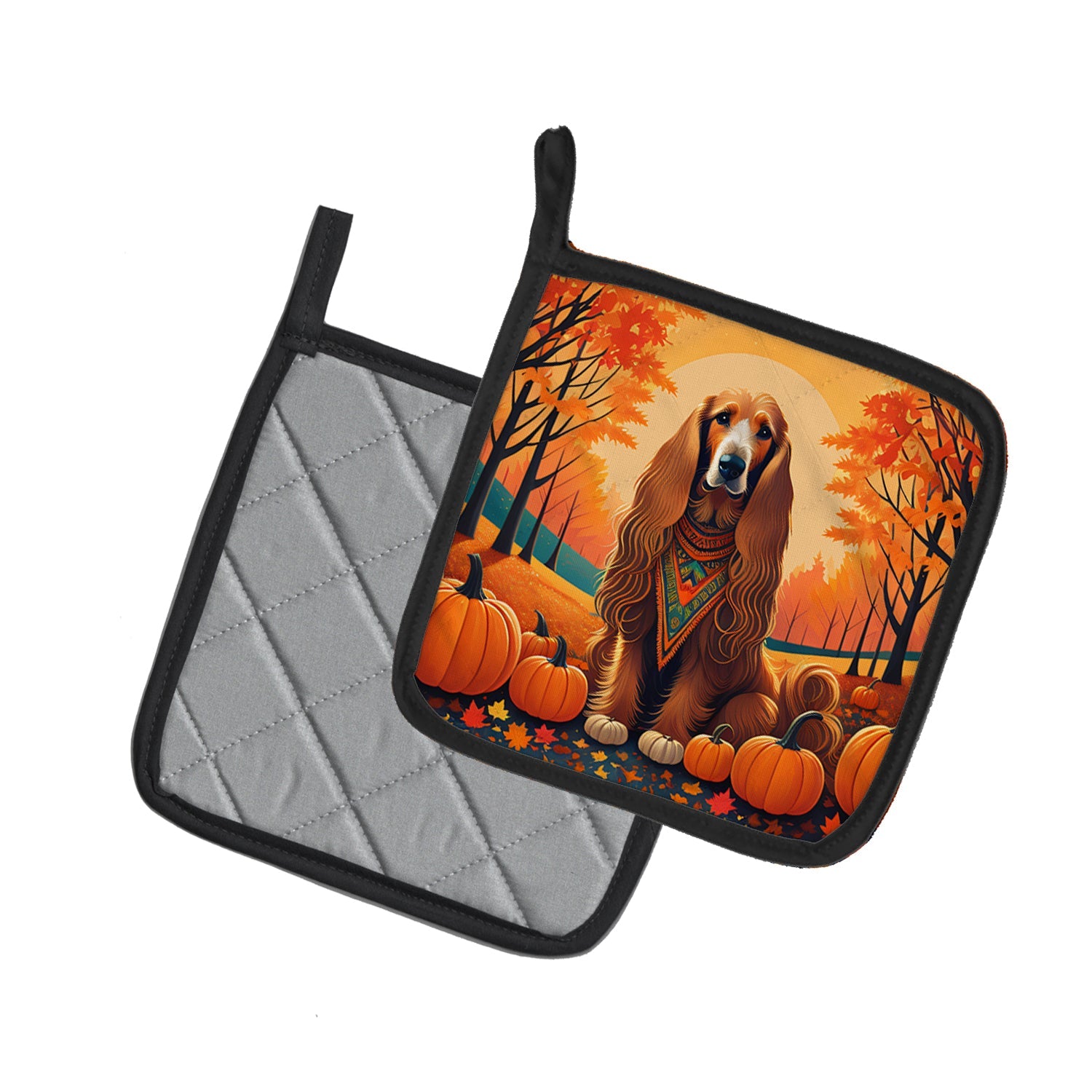 Afghan Hound Fall Pot Holder Set of 2 Heat Resistant Quilted Hot Pads 7.5 x 7.5 Inch, Insulated Kitchen Trivets for Cooking & Baking