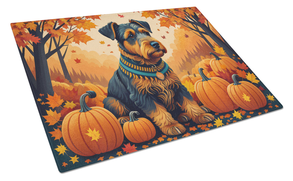 Airedale Terrier Fall Cutting Board Tempered Glass Kitchen Cutting Surface, Heat Resistant Chopping, Non-Slip Feet, Food Prep & Serving