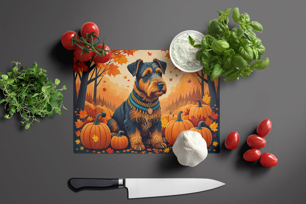 Airedale Terrier Fall Cutting Board Tempered Glass Kitchen Cutting Surface, Heat Resistant Chopping, Non-Slip Feet, Food Prep & Serving