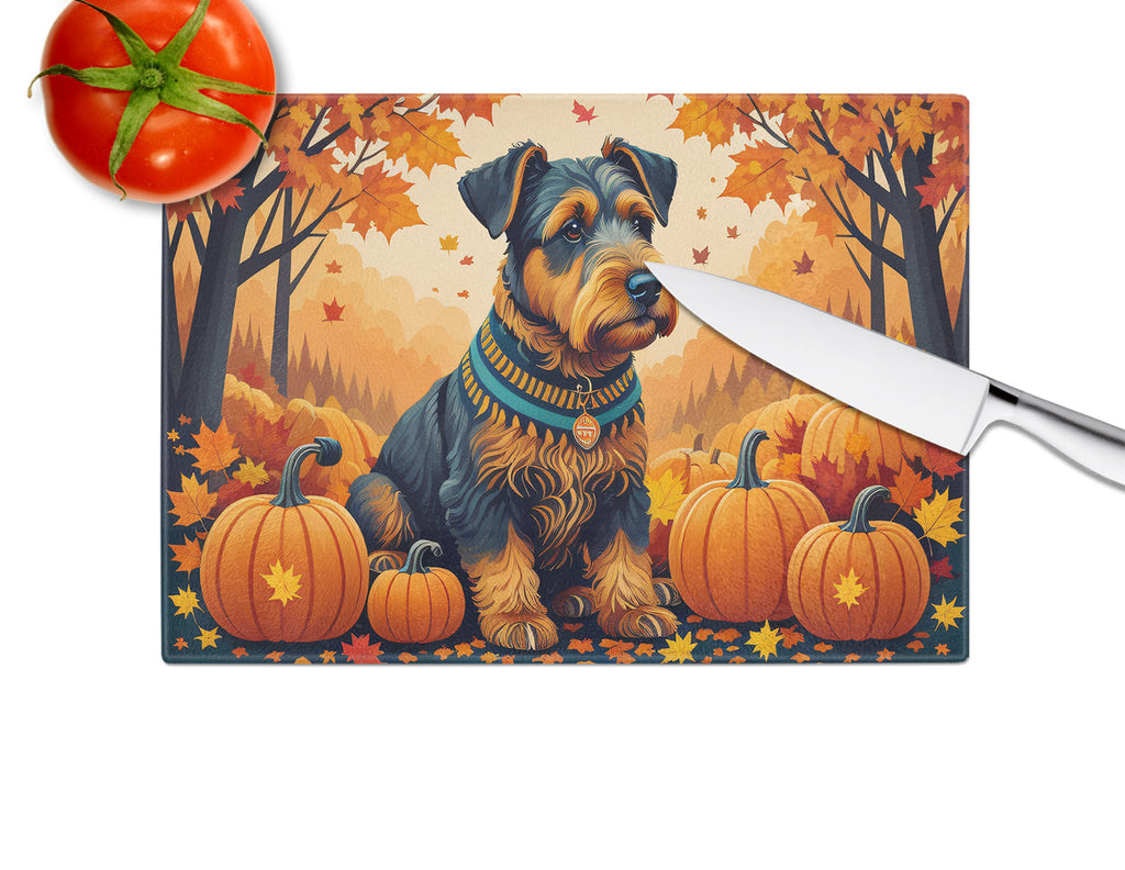 Airedale Terrier Fall Cutting Board Tempered Glass Kitchen Cutting Surface, Heat Resistant Chopping, Non-Slip Feet, Food Prep & Serving