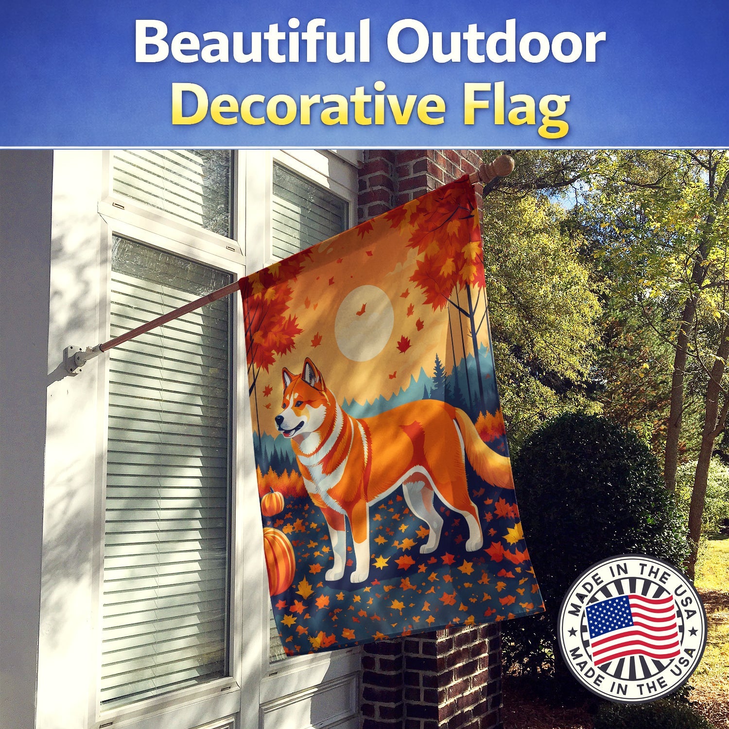 Akita Fall House Flag 28x40 Porch Sleeve Pole Decorative Outside Yard Banner Artwork Wall Hanging, Polyester