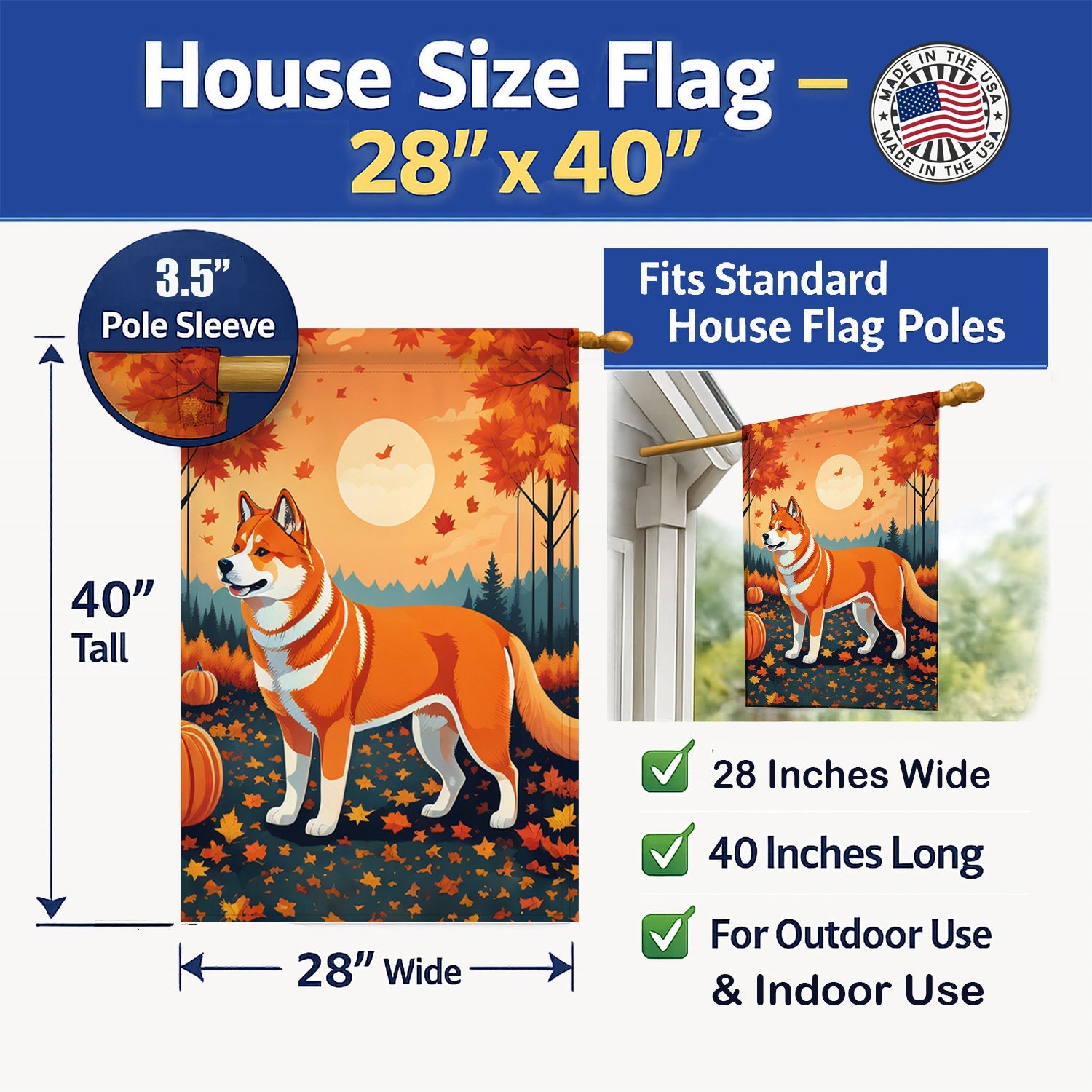 Akita Fall House Flag 28x40 Porch Sleeve Pole Decorative Outside Yard Banner Artwork Wall Hanging, Polyester