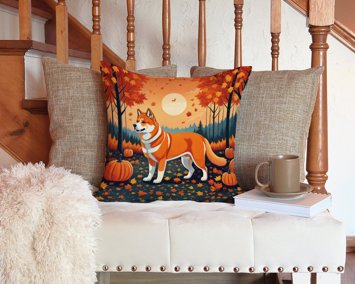 Akita Fall Decorative Throw Pillow 14x14 Indoor Outdoor Accent Cushion, Fabric Cover with Insert for Sofa, Bed, Porch & Living Room