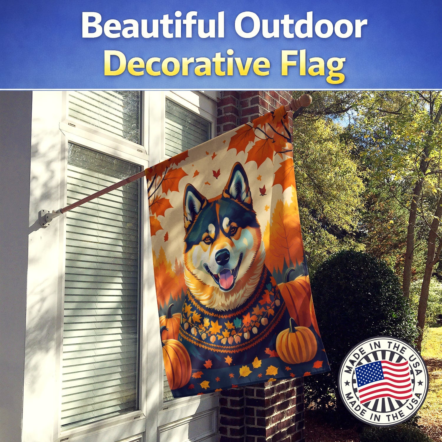 Akita Fall House Flag 28x40 Porch Sleeve Pole Decorative Outside Yard Banner Artwork Wall Hanging, Polyester