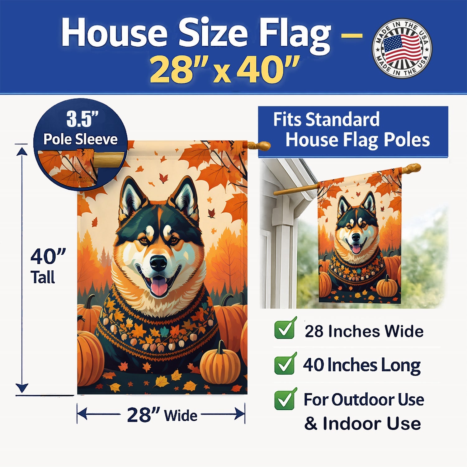 Akita Fall House Flag 28x40 Porch Sleeve Pole Decorative Outside Yard Banner Artwork Wall Hanging, Polyester