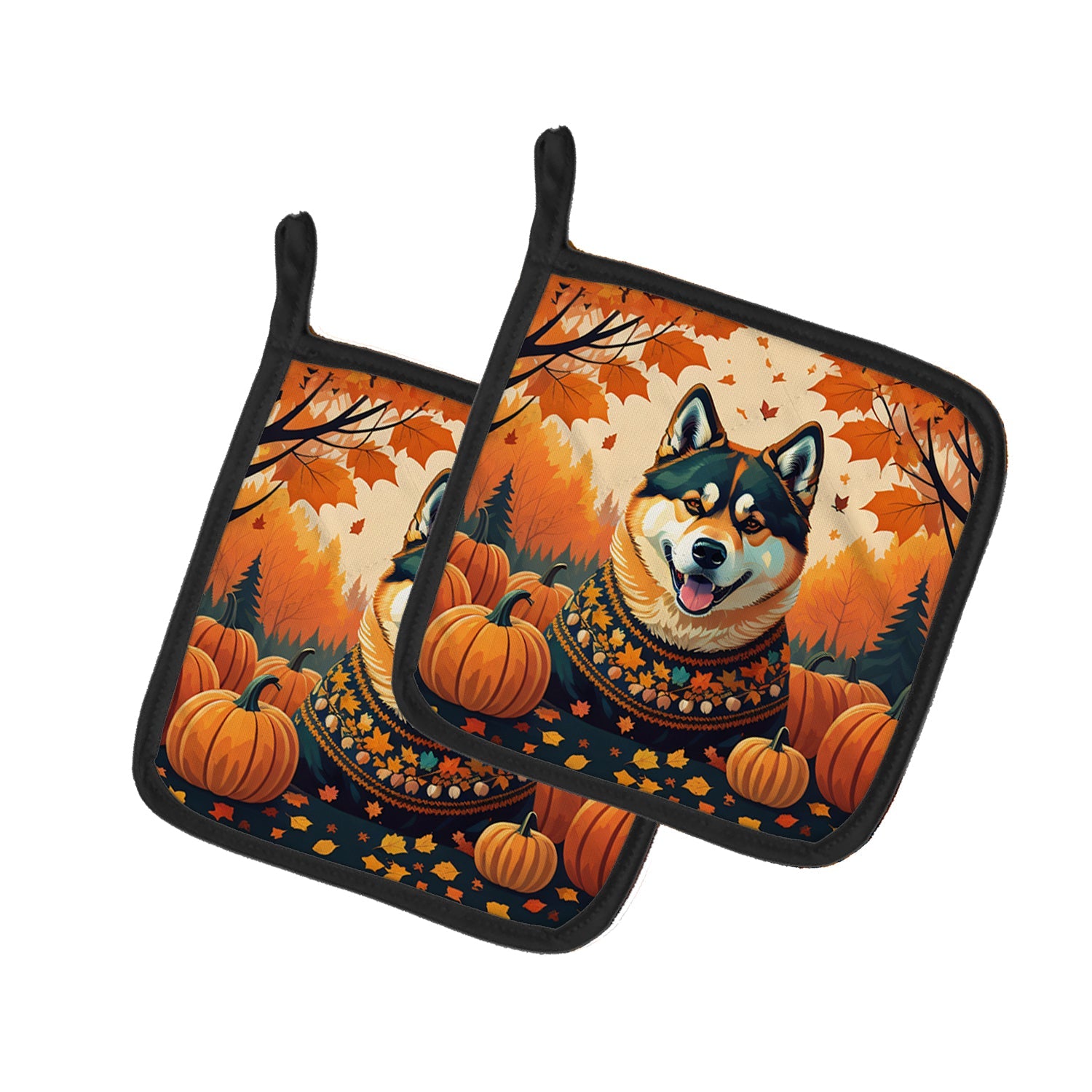 Akita Fall Pot Holder Set of 2 Heat Resistant Quilted Hot Pads 7.5 x 7.5 Inch, Insulated Kitchen Trivets for Cooking & Baking