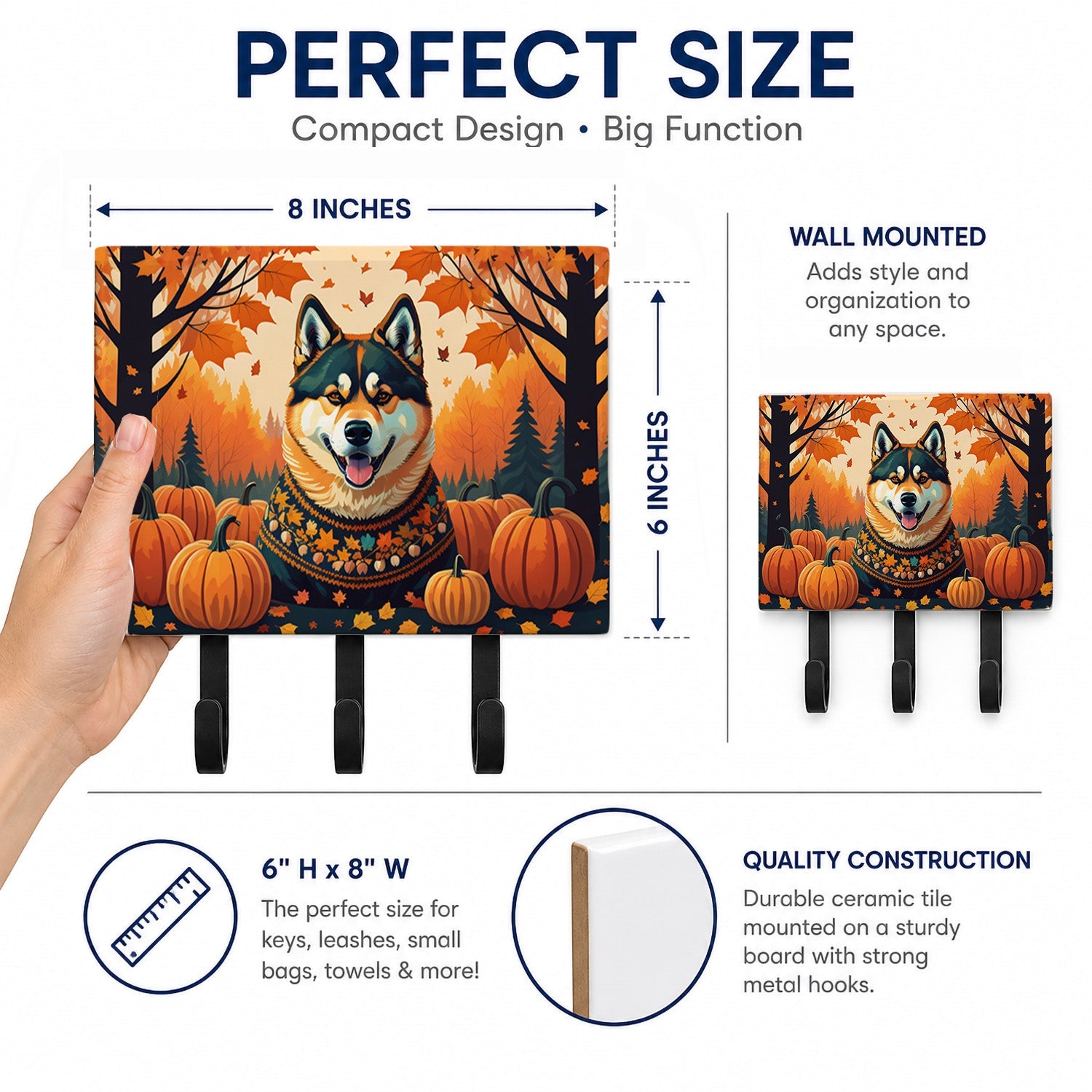 Akita Fall Leash or Key Holder Wall Hooks, Coat Rack Wall Mount, for Hanging Keys, Towels, Aprons, Leashes