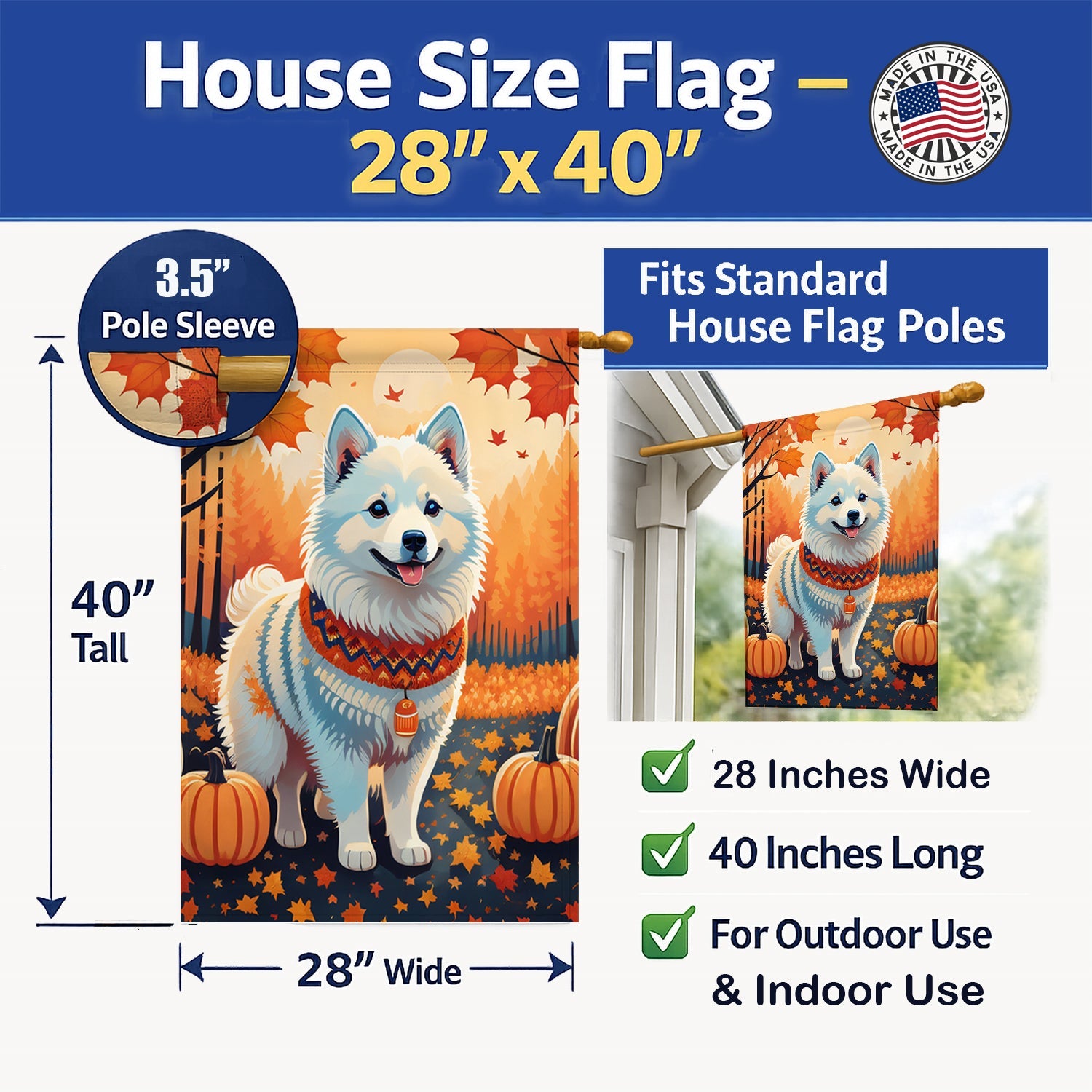 American Eskimo Fall House Flag 28x40 Porch Sleeve Pole Decorative Outside Yard Banner Artwork Wall Hanging, Polyester