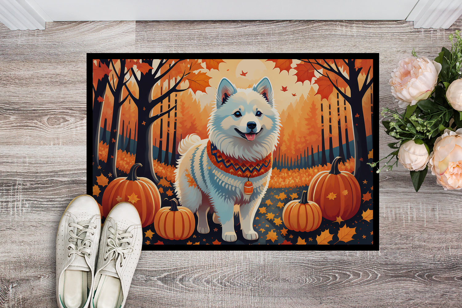 American Eskimo Fall Doormat Indoor Outdoor 24H X 36W Front Door Mat Rugs for Entryway, Non Slip Washable Low Pile,