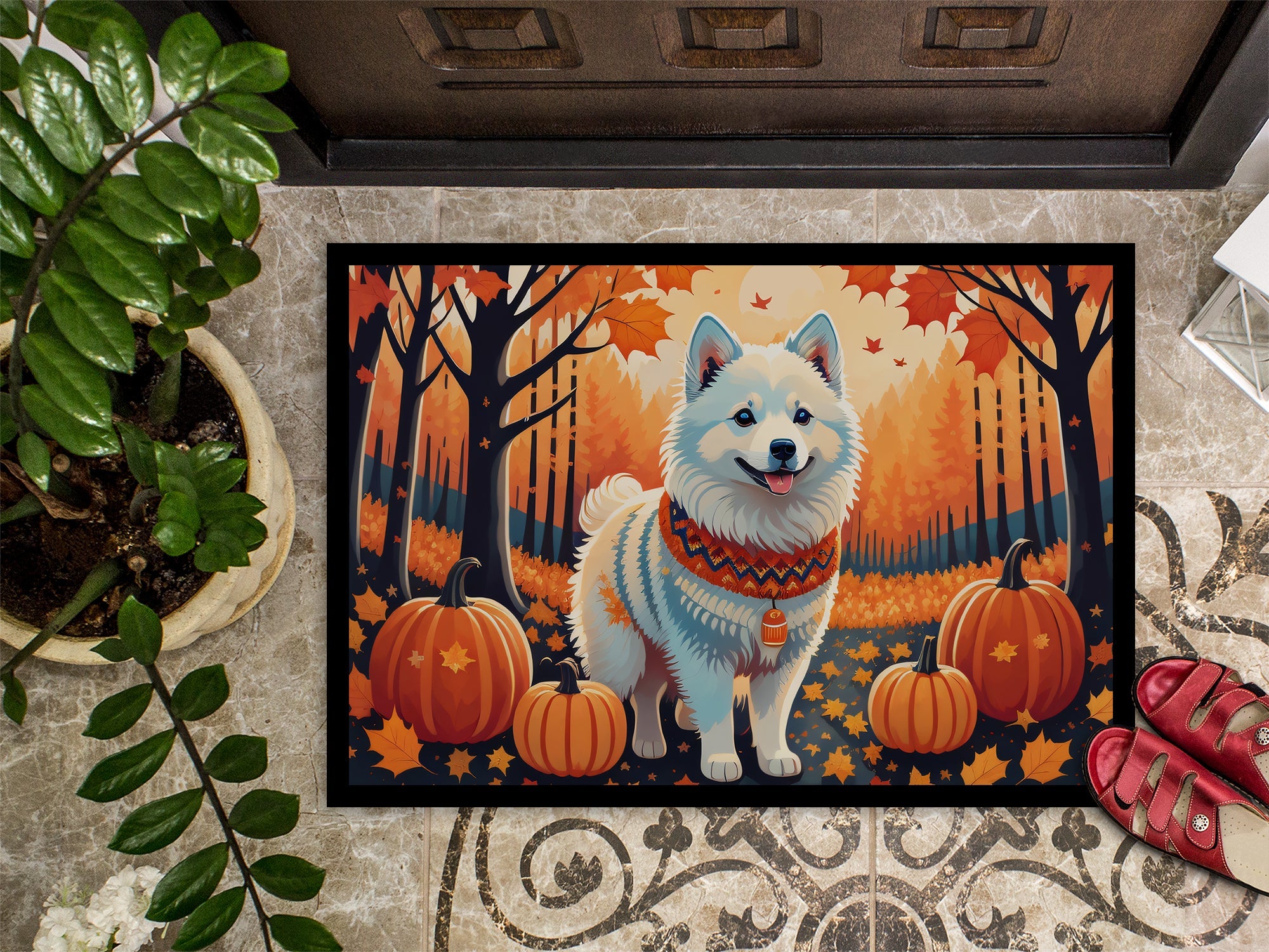 American Eskimo Fall Doormat Indoor Outdoor 24H X 36W Front Door Mat Rugs for Entryway, Non Slip Washable Low Pile,