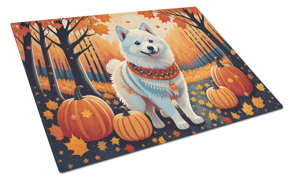 American Eskimo Fall Cutting Board Tempered Glass Kitchen Cutting Surface, Heat Resistant Chopping, Non-Slip Feet, Food Prep & Serving