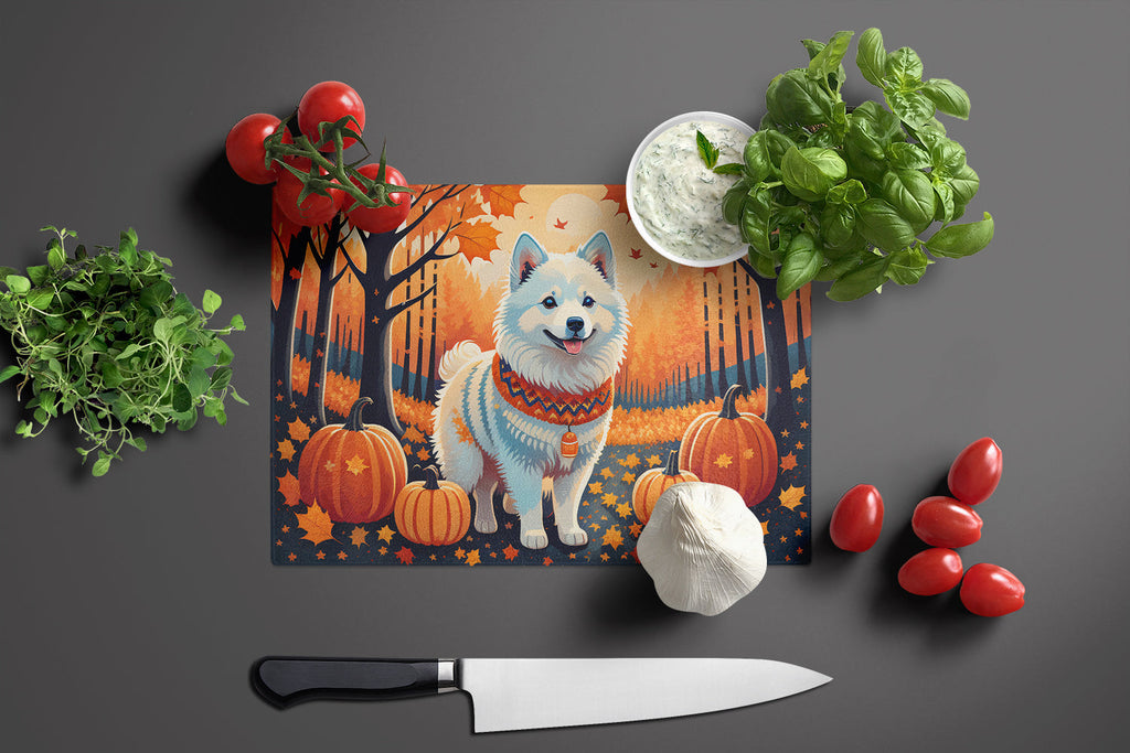American Eskimo Fall Cutting Board Tempered Glass Kitchen Cutting Surface, Heat Resistant Chopping, Non-Slip Feet, Food Prep & Serving