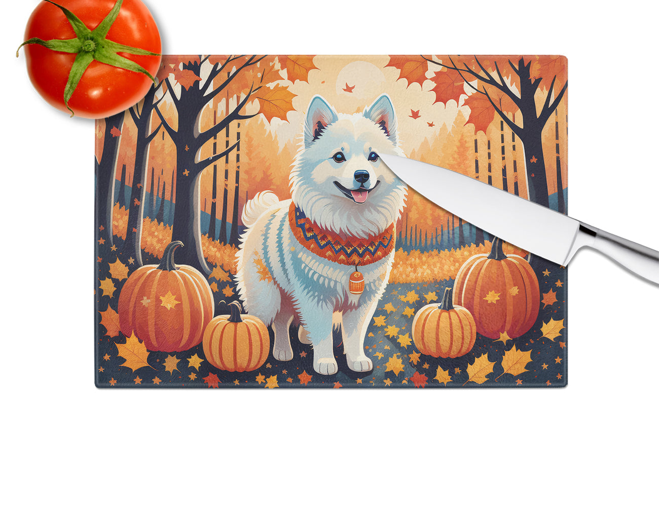 American Eskimo Fall Cutting Board Tempered Glass Kitchen Cutting Surface, Heat Resistant Chopping, Non-Slip Feet, Food Prep & Serving
