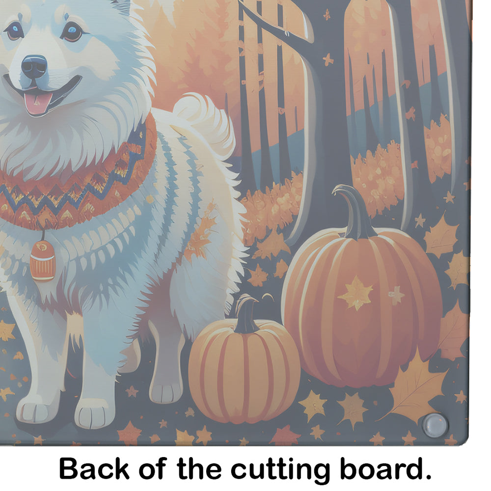 American Eskimo Fall Cutting Board Tempered Glass Kitchen Cutting Surface, Heat Resistant Chopping, Non-Slip Feet, Food Prep & Serving