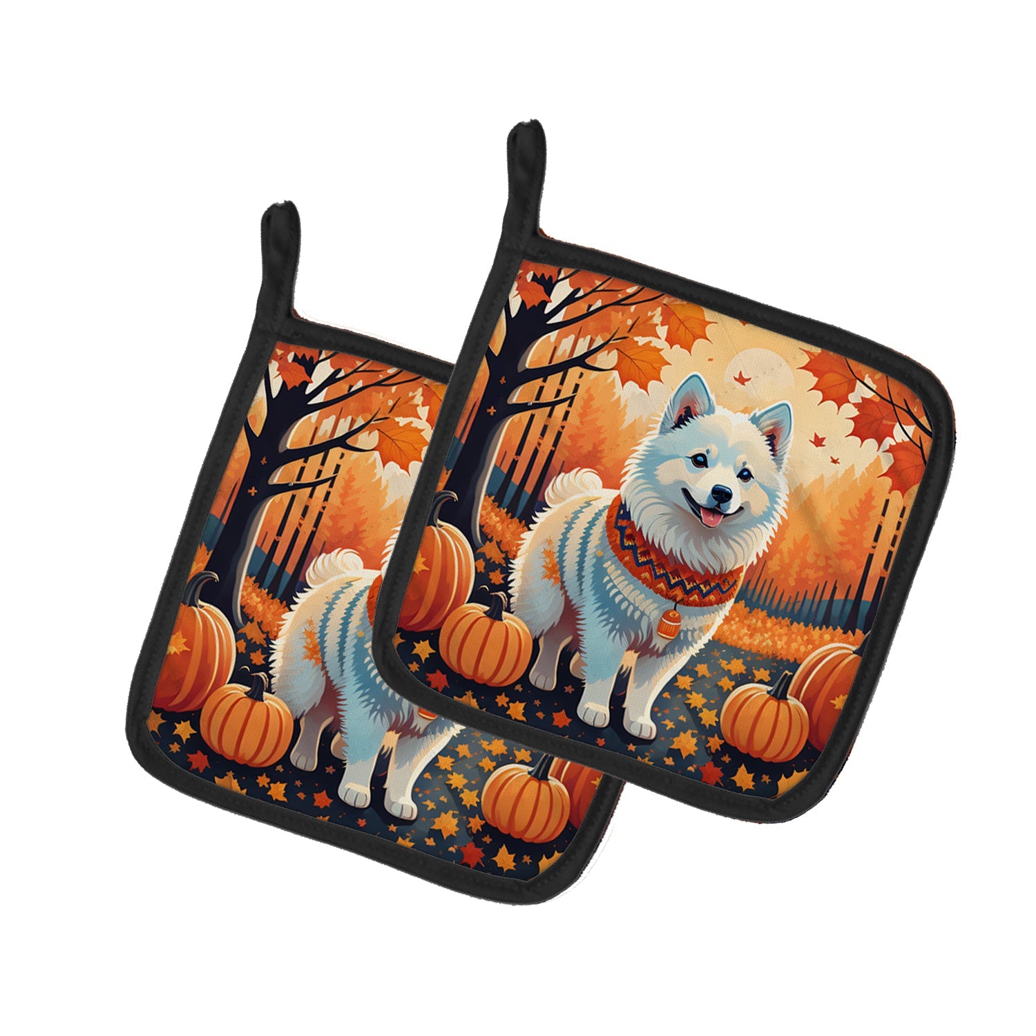 American Eskimo Fall Pot Holder Set of 2 Heat Resistant Quilted Hot Pads 7.5 x 7.5 Inch, Insulated Kitchen Trivets for Cooking & Baking