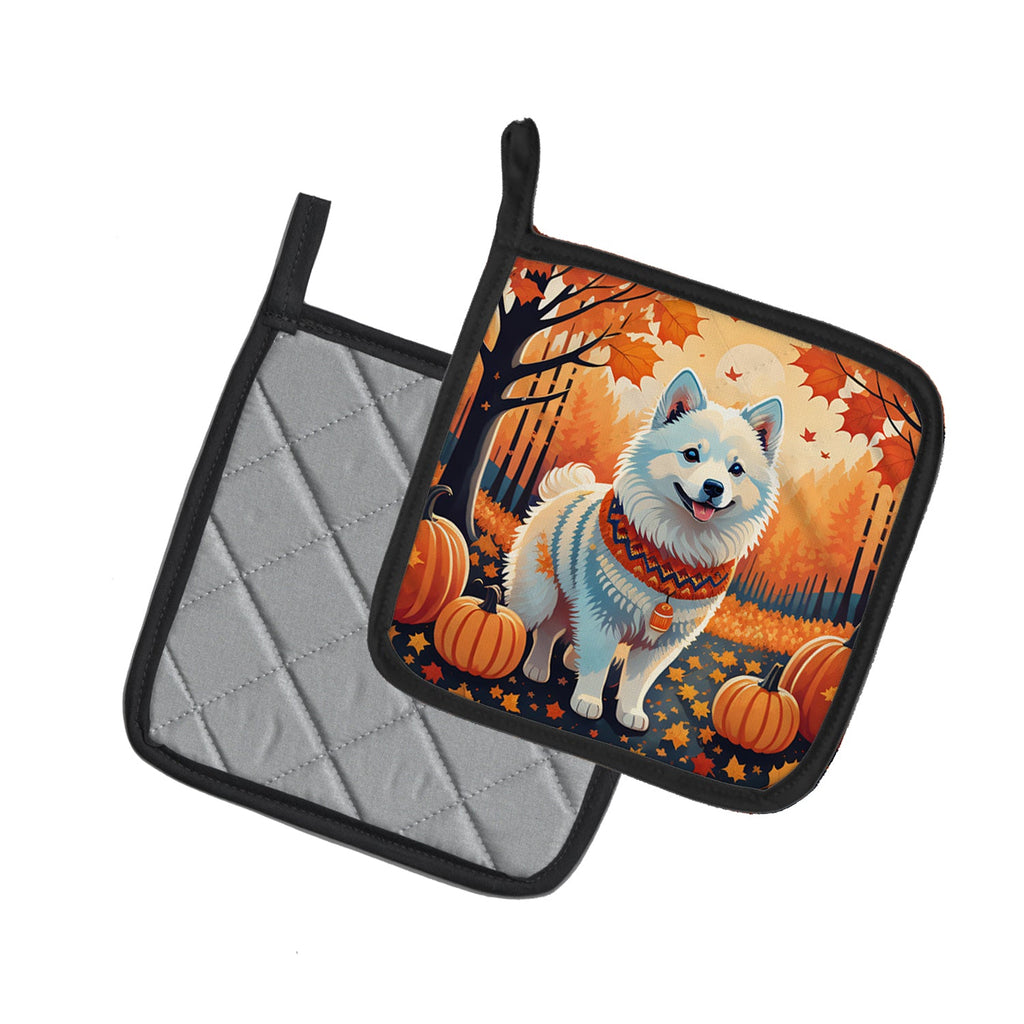 American Eskimo Fall Pot Holder Set of 2 Heat Resistant Quilted Hot Pads 7.5 x 7.5 Inch, Insulated Kitchen Trivets for Cooking & Baking