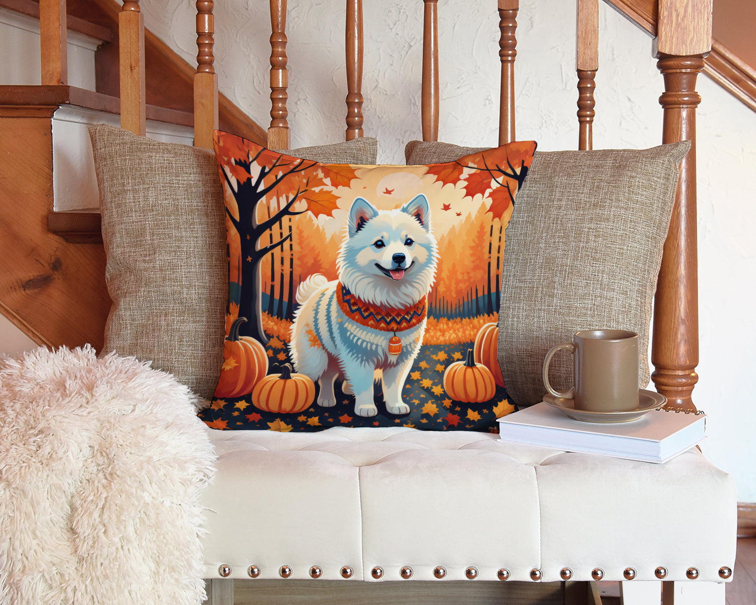 American Eskimo Fall Decorative Throw Pillow 14x14 Indoor Outdoor Accent Cushion, Fabric Cover with Insert for Sofa, Bed, Porch & Living Room