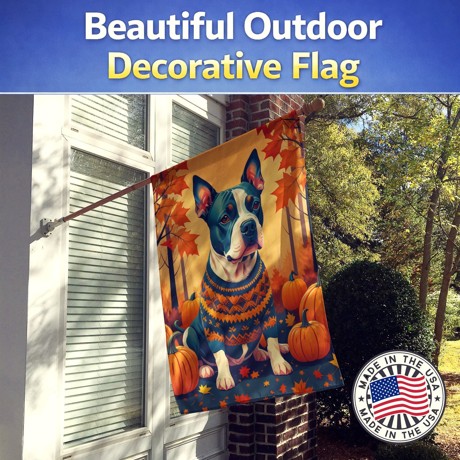 Pit Bull Terrier Fall House Flag 28x40 Porch Sleeve Pole Decorative Outside Yard Banner Artwork Wall Hanging, Polyester