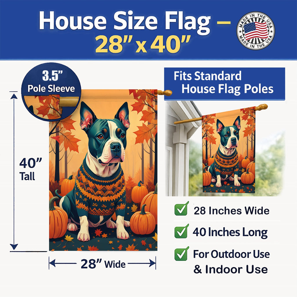 Pit Bull Terrier Fall House Flag 28x40 Porch Sleeve Pole Decorative Outside Yard Banner Artwork Wall Hanging, Polyester
