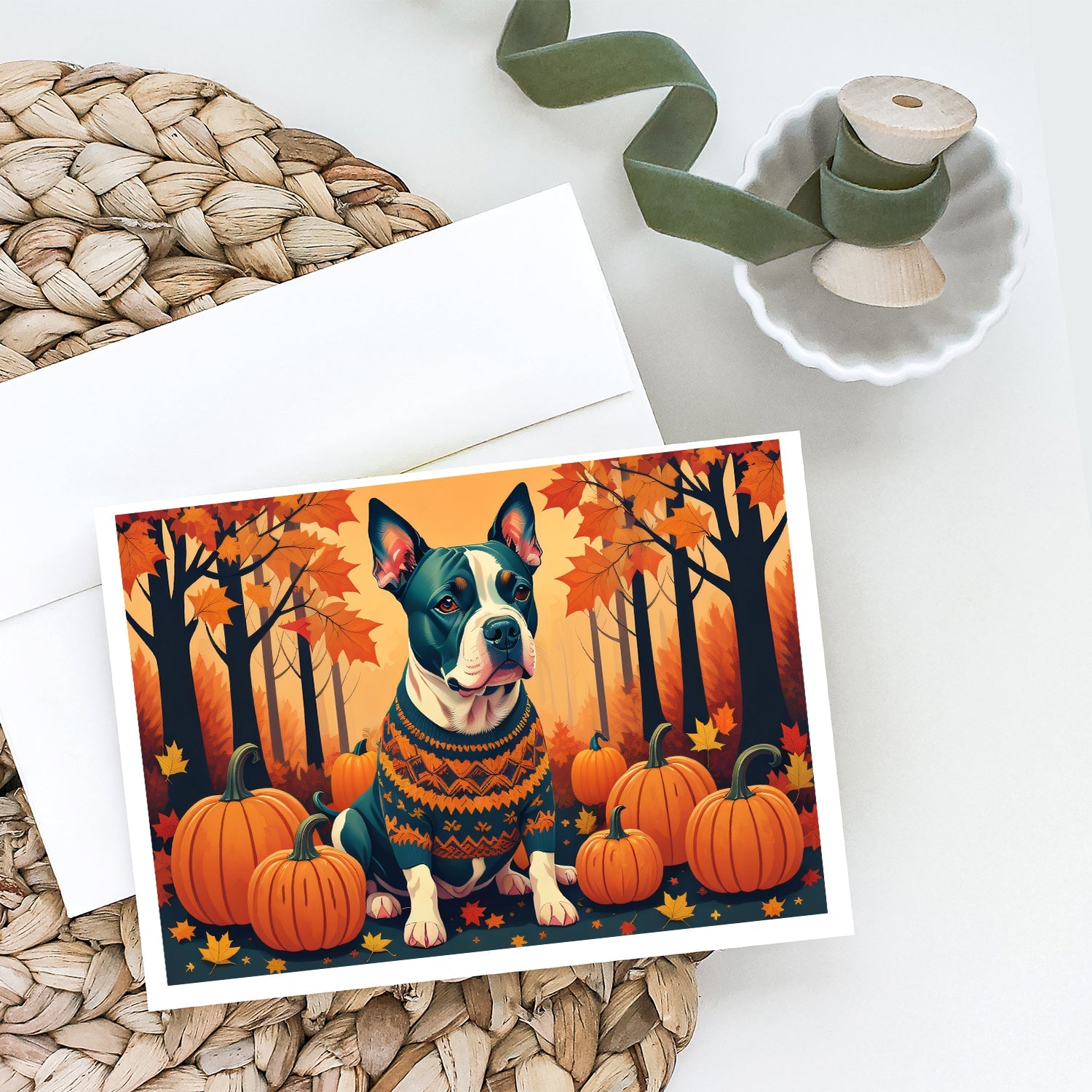 Pit Bull Terrier Fall Greeting Cards Pack of 8 Blank Cards with Envelopes Whimsical A7 Size 5x7