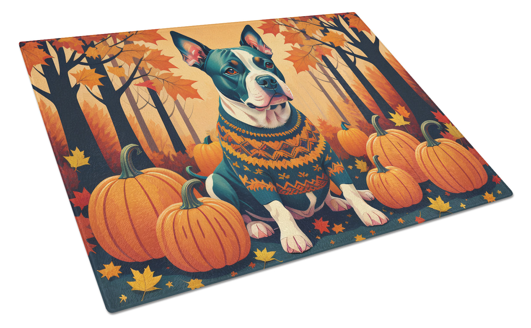 Pit Bull Terrier Fall Cutting Board Tempered Glass Kitchen Cutting Surface, Heat Resistant Chopping, Non-Slip Feet, Food Prep & Serving