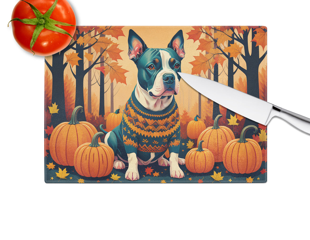 Pit Bull Terrier Fall Cutting Board Tempered Glass Kitchen Cutting Surface, Heat Resistant Chopping, Non-Slip Feet, Food Prep & Serving