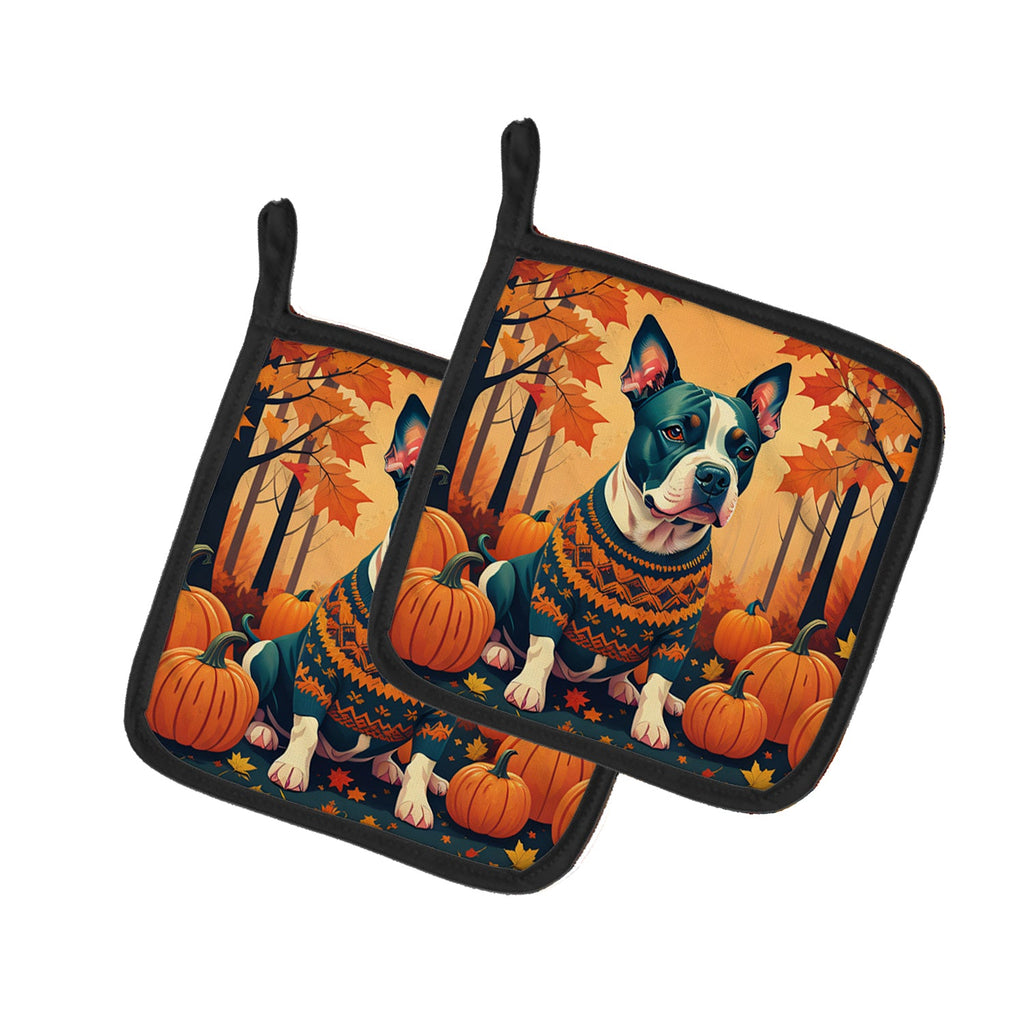 Pit Bull Terrier Fall Pot Holder Set of 2 Heat Resistant Quilted Hot Pads 7.5 x 7.5 Inch, Insulated Kitchen Trivets for Cooking & Baking