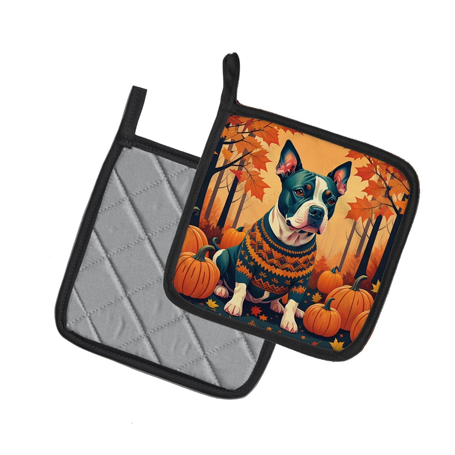 Pit Bull Terrier Fall Pot Holder Set of 2 Heat Resistant Quilted Hot Pads 7.5 x 7.5 Inch, Insulated Kitchen Trivets for Cooking & Baking