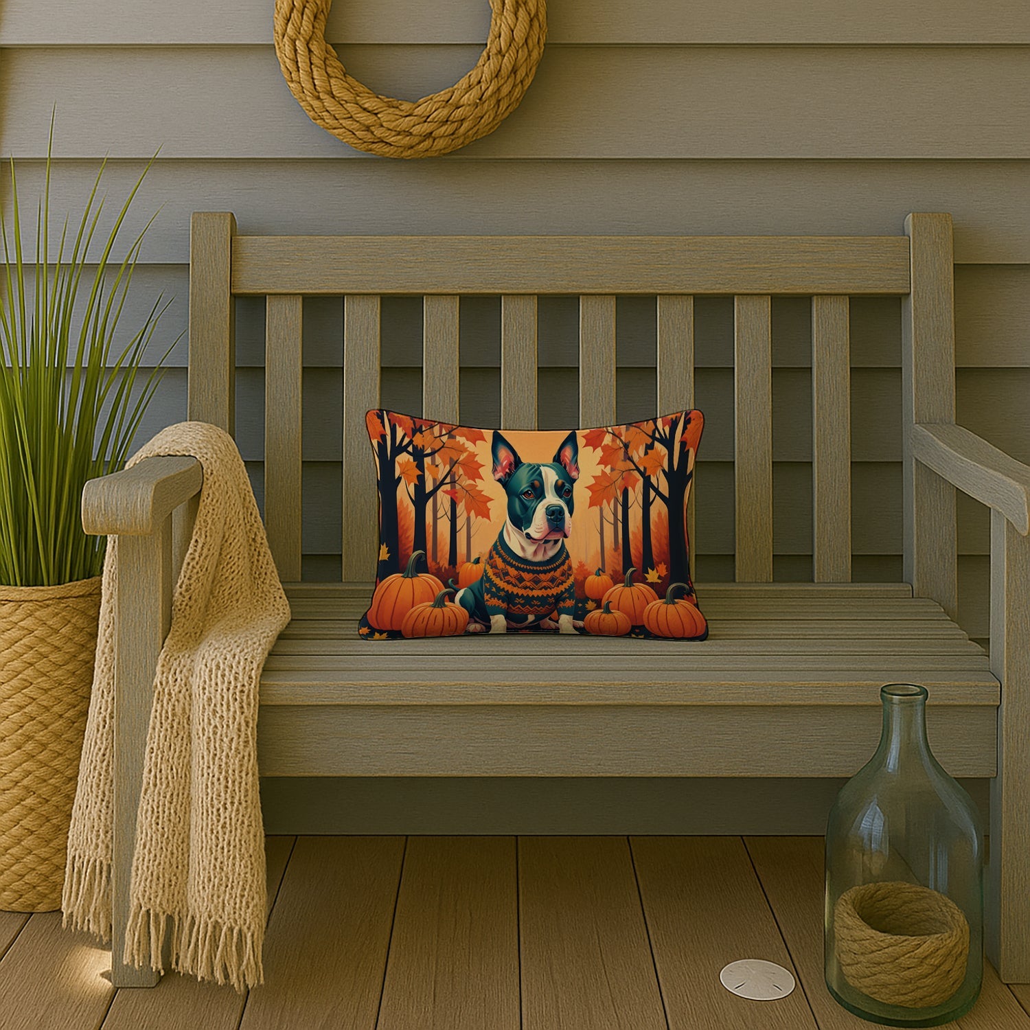 Pit Bull Terrier Fall Decorative Throw Pillow 12x16 Indoor Outdoor Accent Cushion, Fabric Cover with Insert for Sofa, Bed, Porch & Living Room
