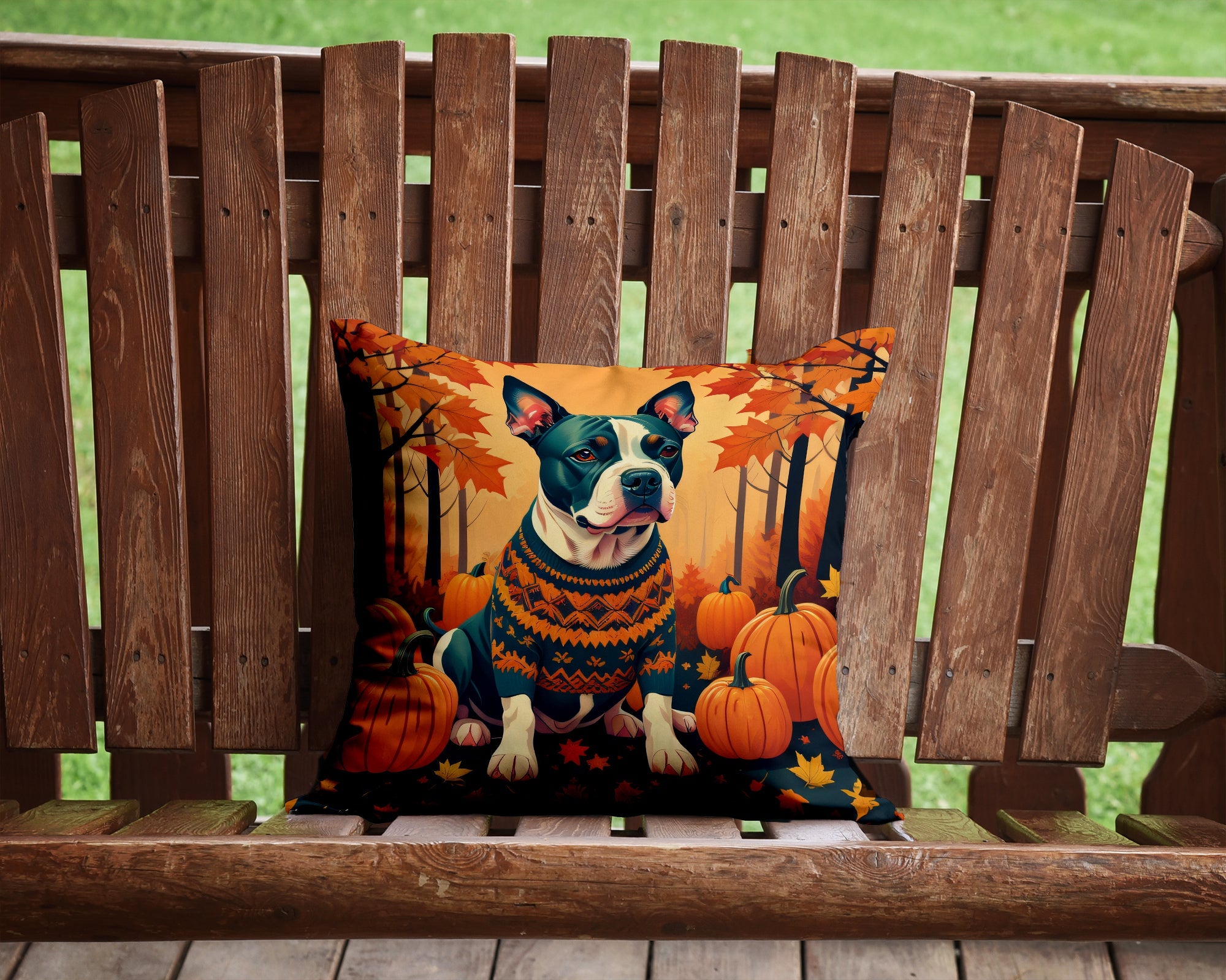 Pit Bull Terrier Fall Decorative Throw Pillow 14x14 Indoor Outdoor Accent Cushion, Fabric Cover with Insert for Sofa, Bed, Porch & Living Room