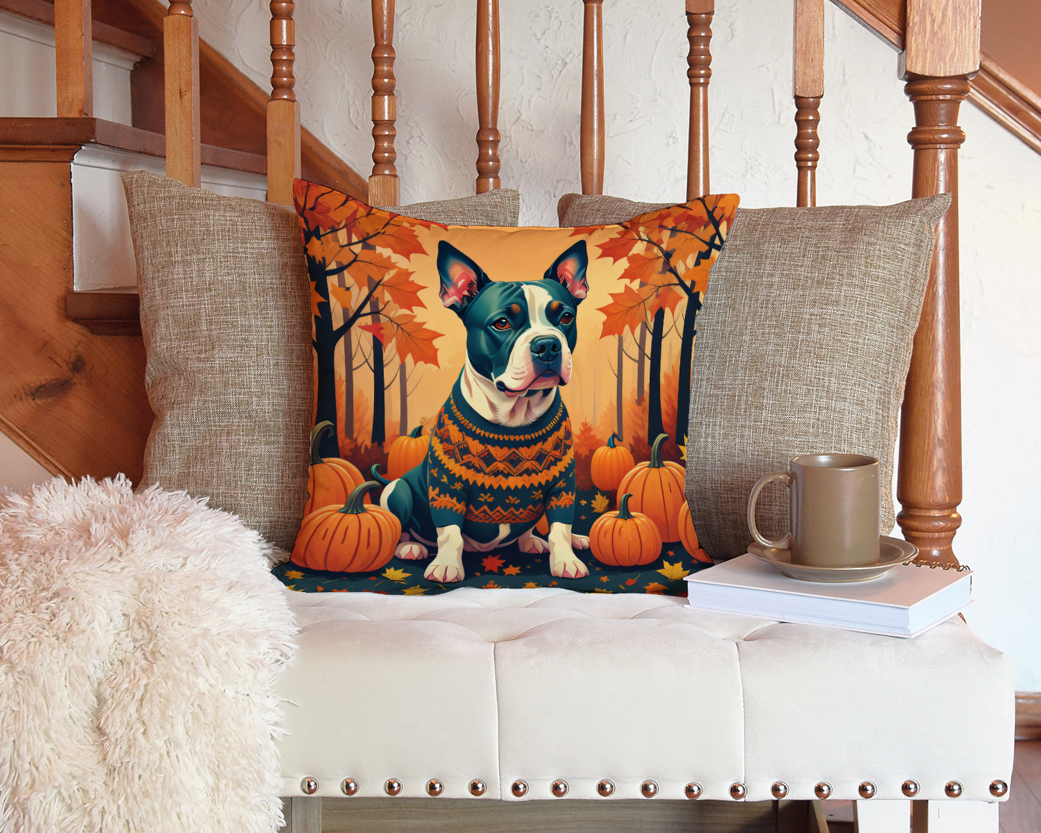 Pit Bull Terrier Fall Decorative Throw Pillow 14x14 Indoor Outdoor Accent Cushion, Fabric Cover with Insert for Sofa, Bed, Porch & Living Room