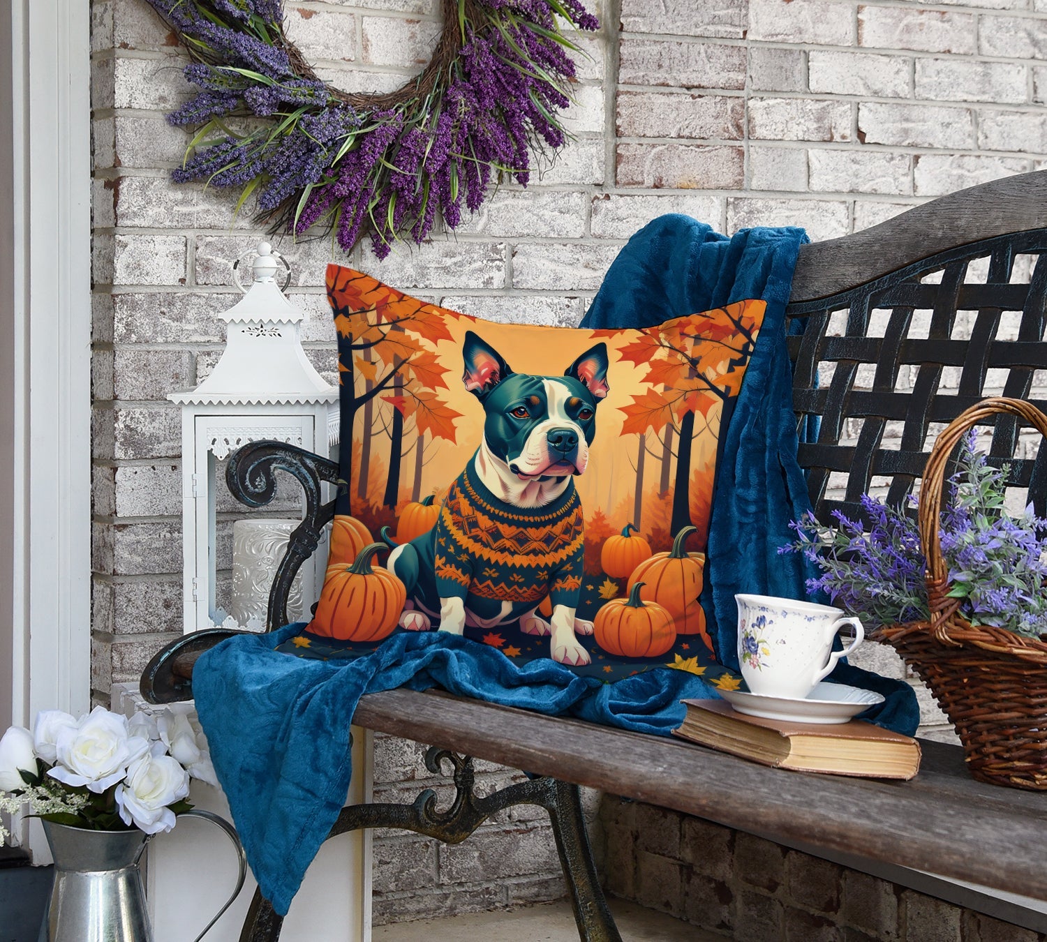 Pit Bull Terrier Fall Decorative Throw Pillow 18x18 Indoor Outdoor Accent Cushion, Fabric Cover with Insert for Sofa, Bed, Porch & Living Room