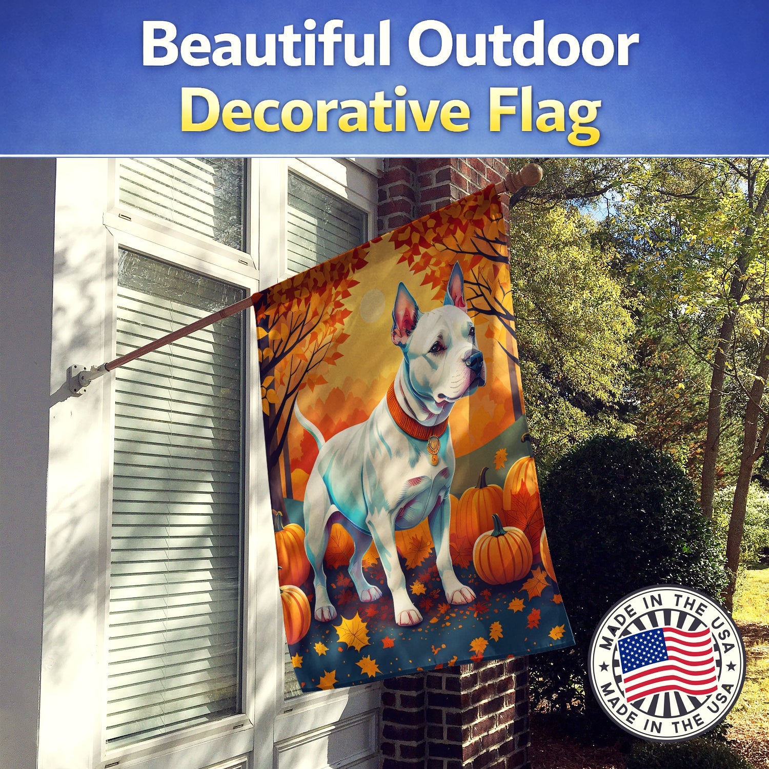White Pit Bull Terrier Fall House Flag 28x40 Porch Sleeve Pole Decorative Outside Yard Banner Artwork Wall Hanging, Polyester