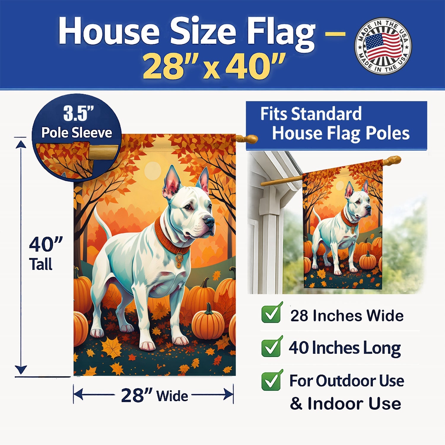 White Pit Bull Terrier Fall House Flag 28x40 Porch Sleeve Pole Decorative Outside Yard Banner Artwork Wall Hanging, Polyester