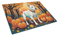 White Pit Bull Terrier Fall Cutting Board Tempered Glass Kitchen Cutting Surface, Heat Resistant Chopping, Non-Slip Feet, Food Prep & Serving