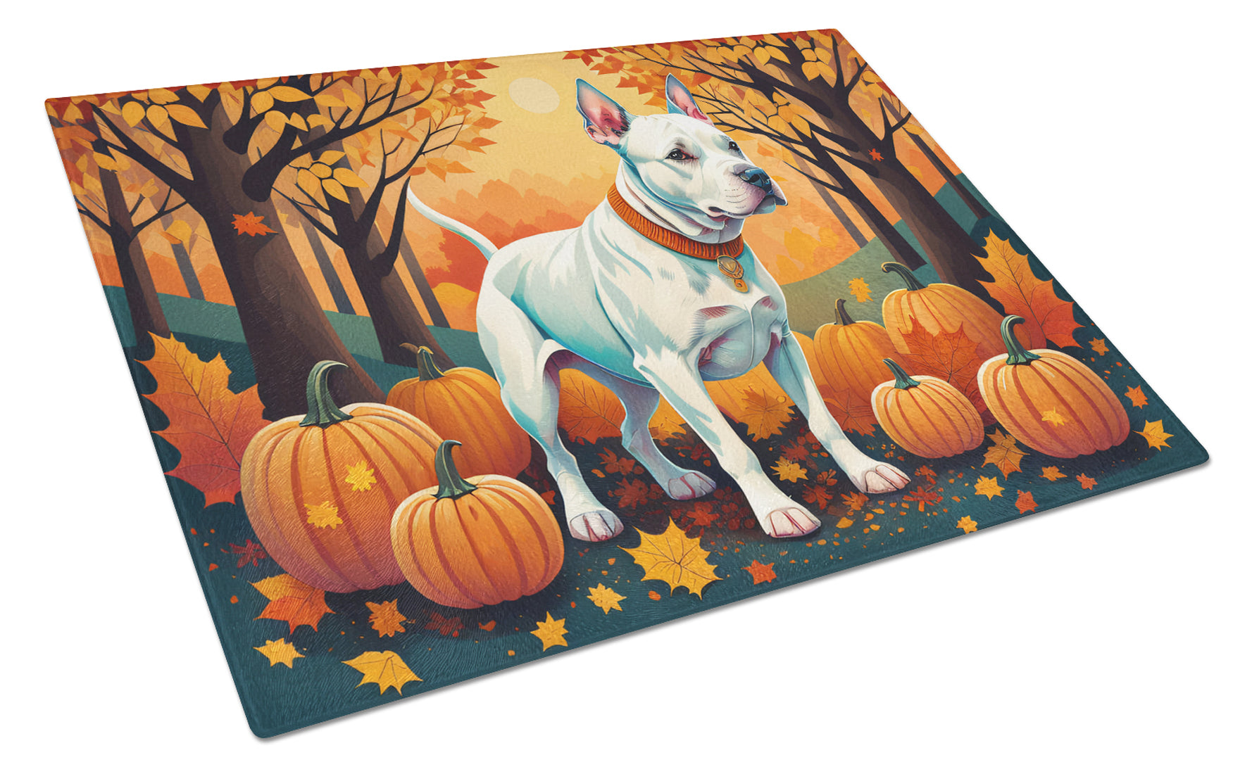 White Pit Bull Terrier Fall Cutting Board Tempered Glass Kitchen Cutting Surface, Heat Resistant Chopping, Non-Slip Feet, Food Prep & Serving