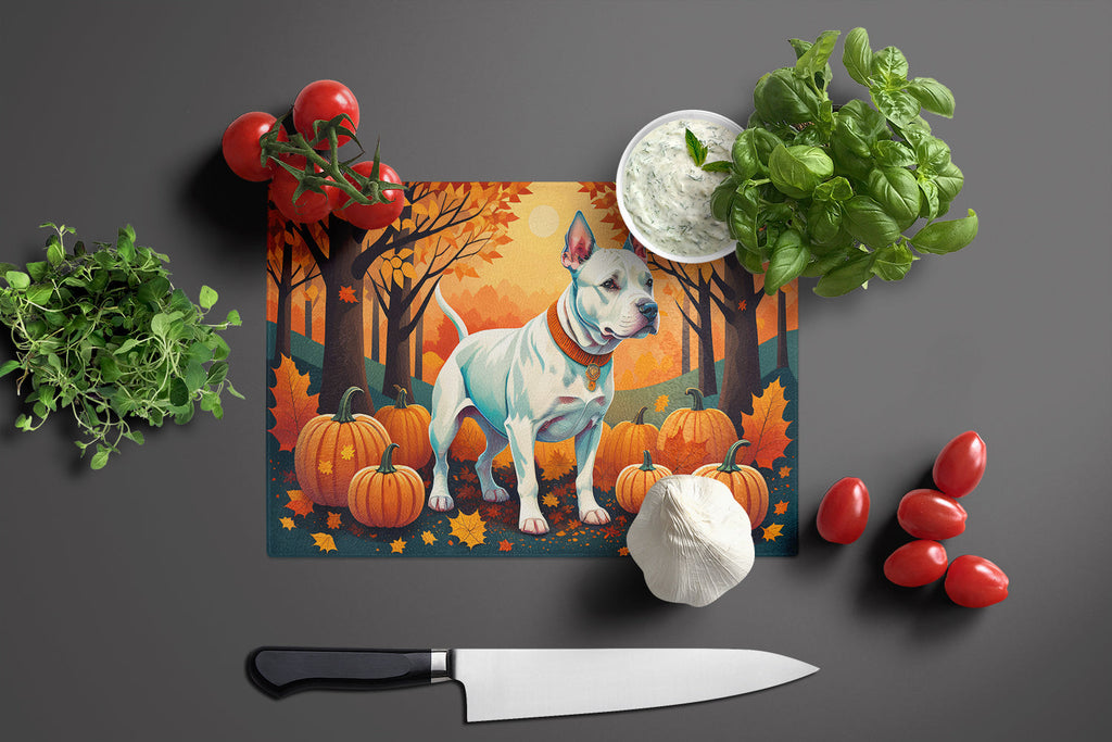 White Pit Bull Terrier Fall Cutting Board Tempered Glass Kitchen Cutting Surface, Heat Resistant Chopping, Non-Slip Feet, Food Prep & Serving