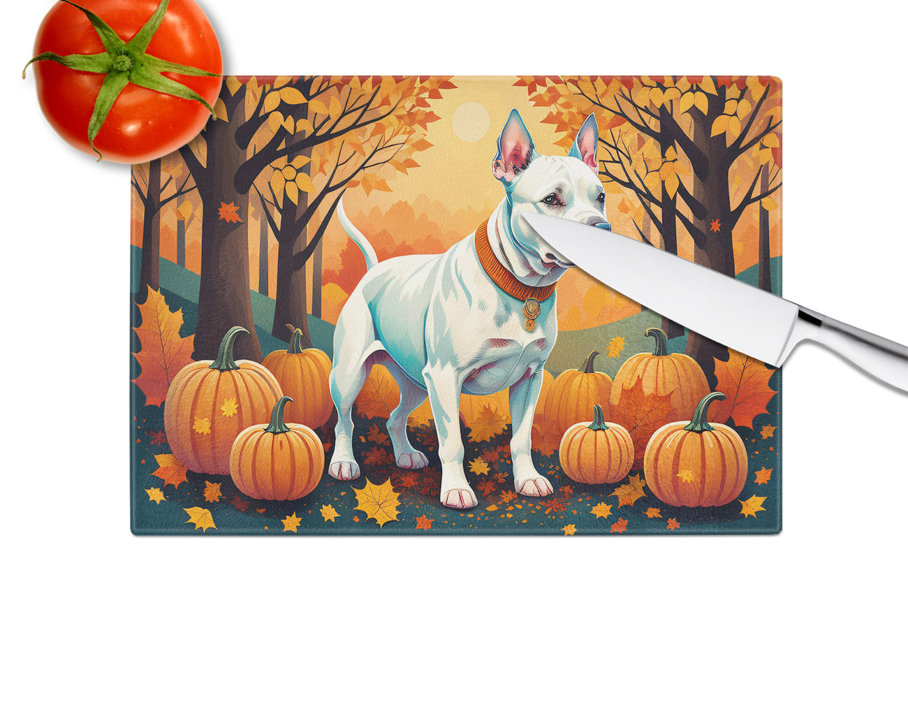 White Pit Bull Terrier Fall Cutting Board Tempered Glass Kitchen Cutting Surface, Heat Resistant Chopping, Non-Slip Feet, Food Prep & Serving