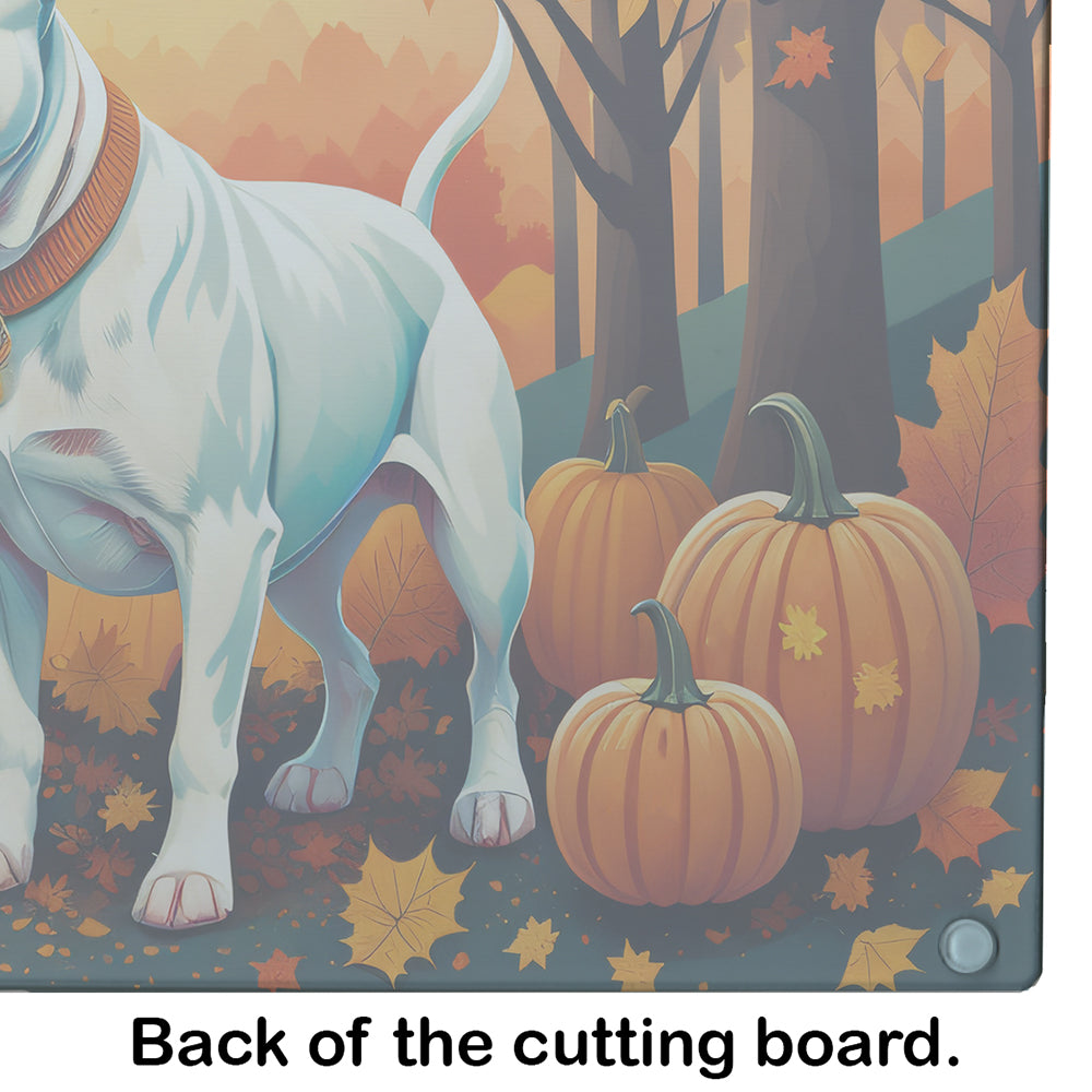 White Pit Bull Terrier Fall Cutting Board Tempered Glass Kitchen Cutting Surface, Heat Resistant Chopping, Non-Slip Feet, Food Prep & Serving