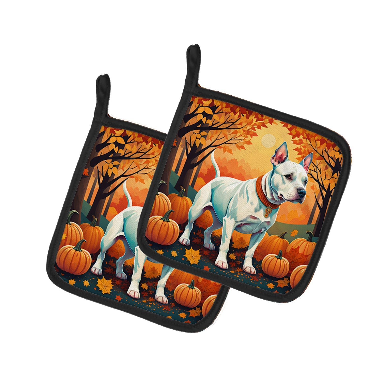 White Pit Bull Terrier Fall Pot Holder Set of 2 Heat Resistant Quilted Hot Pads 7.5 x 7.5 Inch, Insulated Kitchen Trivets for Cooking & Baking