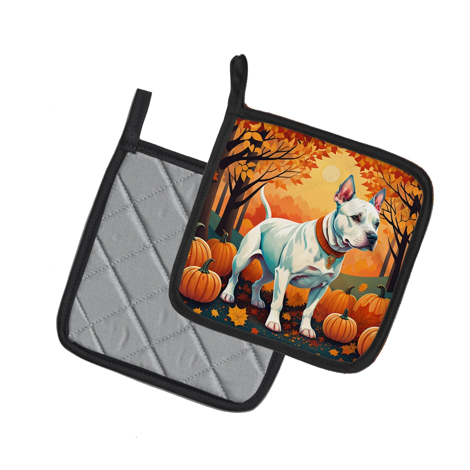 White Pit Bull Terrier Fall Pot Holder Set of 2 Heat Resistant Quilted Hot Pads 7.5 x 7.5 Inch, Insulated Kitchen Trivets for Cooking & Baking