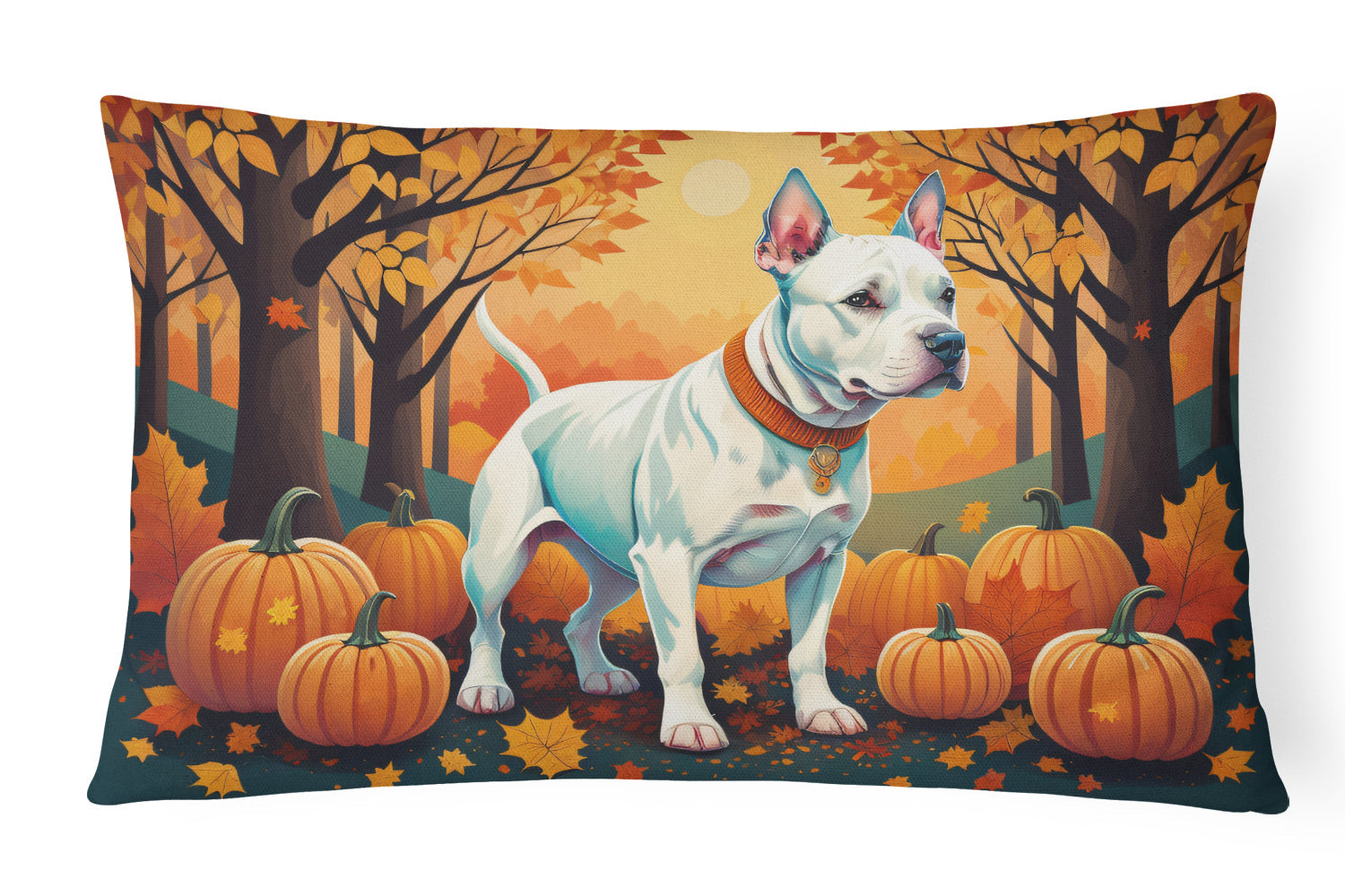 White Pit Bull Terrier Fall Decorative Throw Pillow 12x16 Indoor Outdoor Accent Cushion, Fabric Cover with Insert for Sofa, Bed, Porch & Living Room