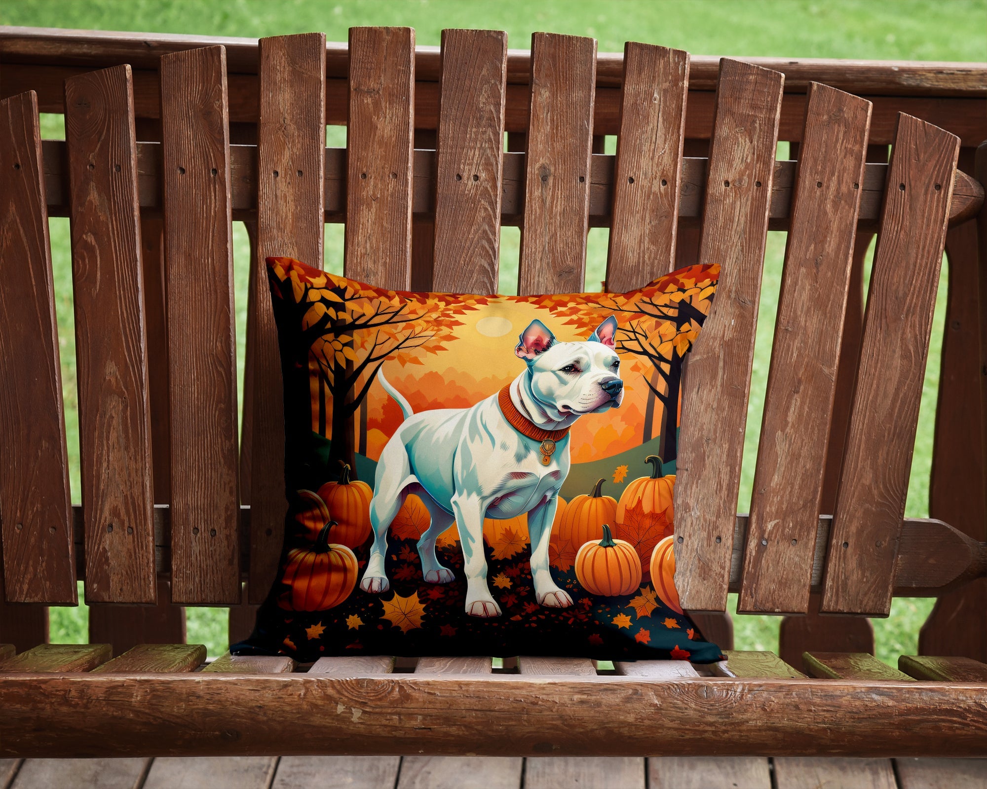 White Pit Bull Terrier Fall Decorative Throw Pillow 14x14 Indoor Outdoor Accent Cushion, Fabric Cover with Insert for Sofa, Bed, Porch & Living Room