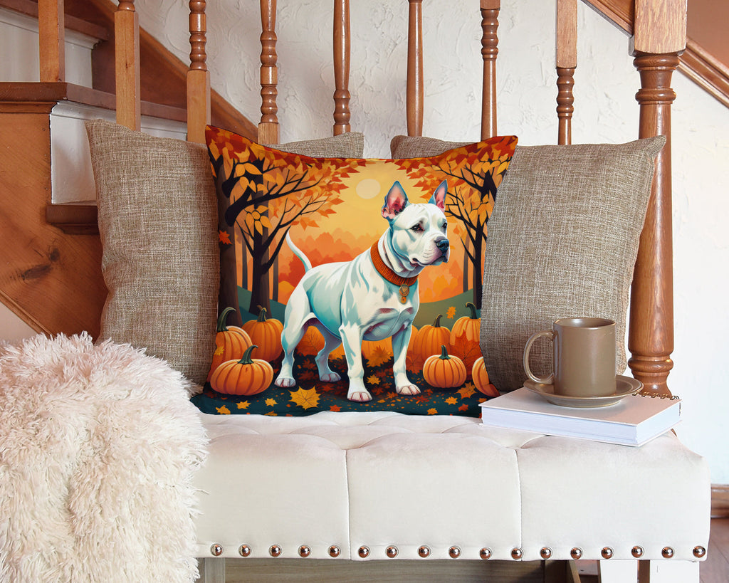 White Pit Bull Terrier Fall Decorative Throw Pillow 14x14 Indoor Outdoor Accent Cushion, Fabric Cover with Insert for Sofa, Bed, Porch & Living Room