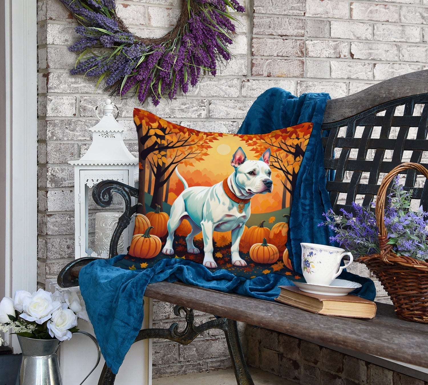 White Pit Bull Terrier Fall Decorative Throw Pillow 18x18 Indoor Outdoor Accent Cushion, Fabric Cover with Insert for Sofa, Bed, Porch & Living Room