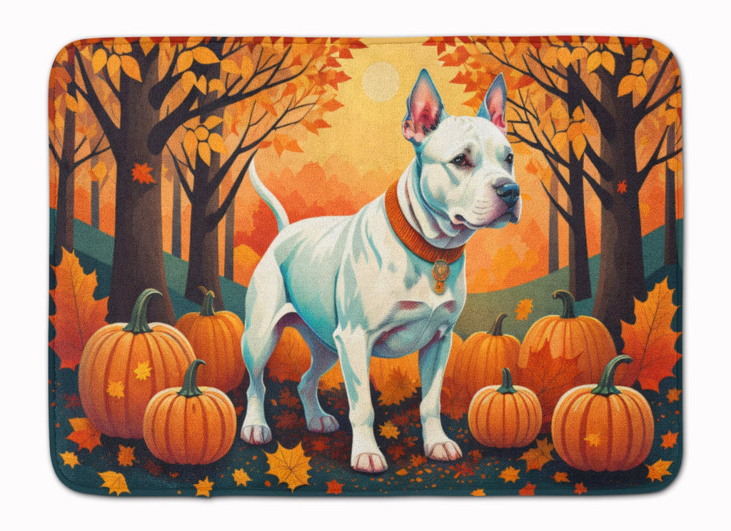 White Pit Bull Terrier Fall Memory Foam Kitchen Mat Machine Washable Anti-Fatigue Cushion Comfort Bath or Kitchen Rug