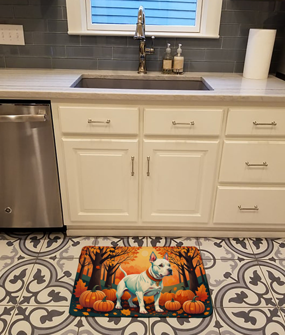 White Pit Bull Terrier Fall Memory Foam Kitchen Mat Machine Washable Anti-Fatigue Cushion Comfort Bath or Kitchen Rug