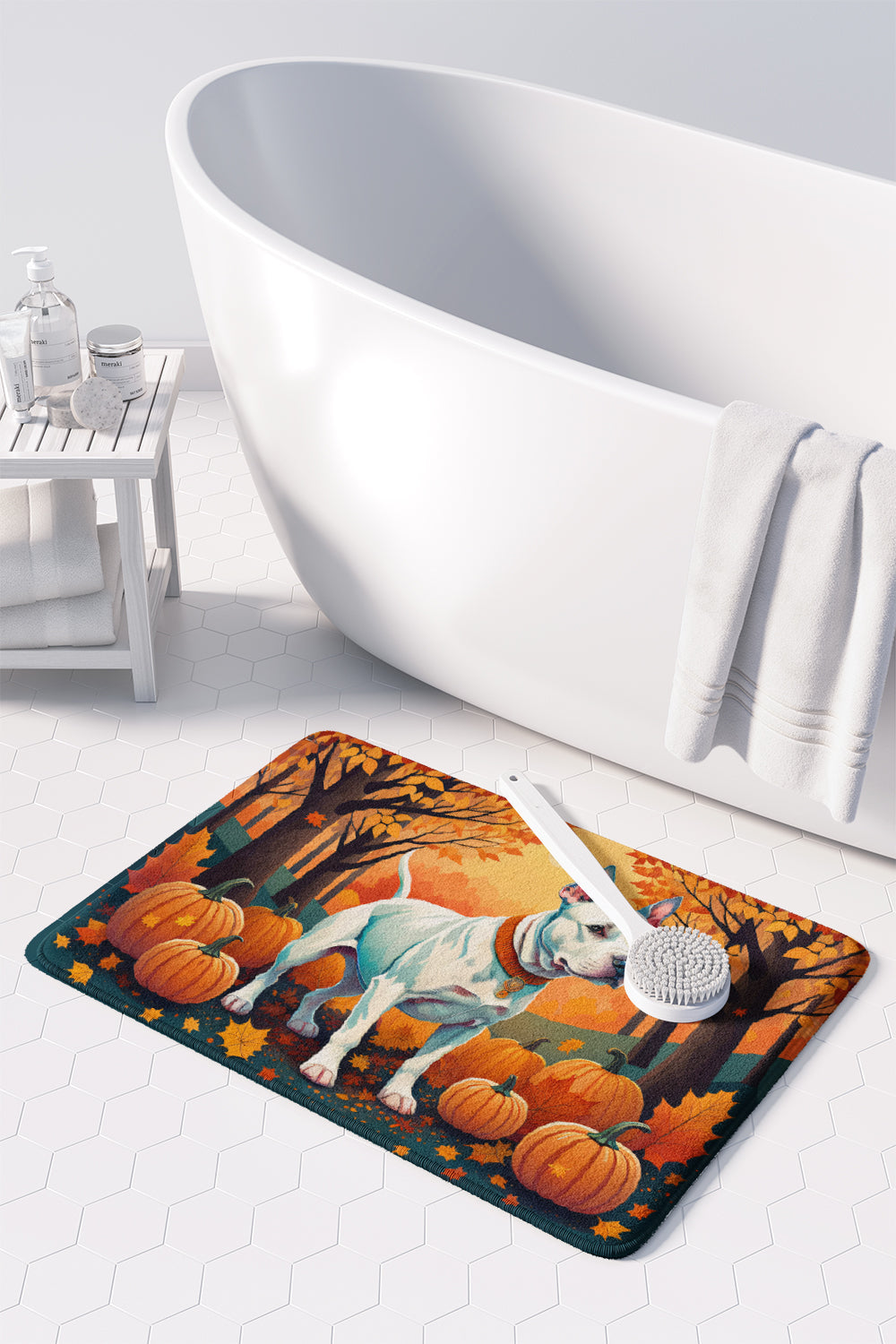 White Pit Bull Terrier Fall Memory Foam Kitchen Mat Machine Washable Anti-Fatigue Cushion Comfort Bath or Kitchen Rug